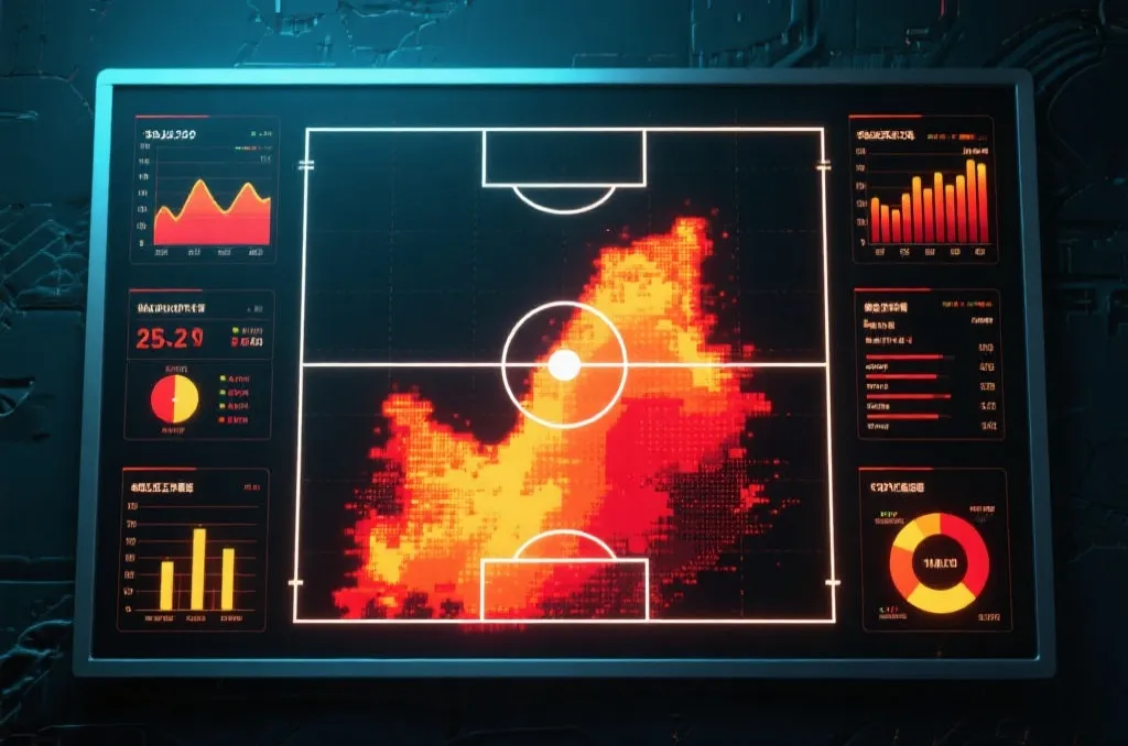 Abstract glowing tactical football pitch with analytical graphs and statistical widgets